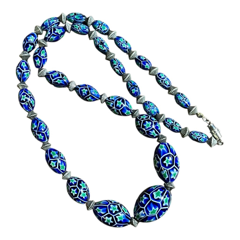 Vintage Millefiori Art Glass Beaded Necklace Blue Green Venetian Style Statement